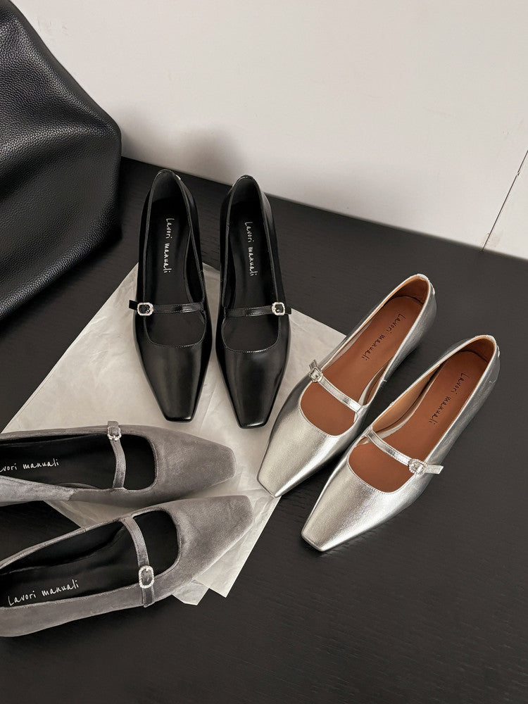 Karin Luna In Stock Spot Goods  Elegant Square-Toe One-Strap Height-Increasing Flats
