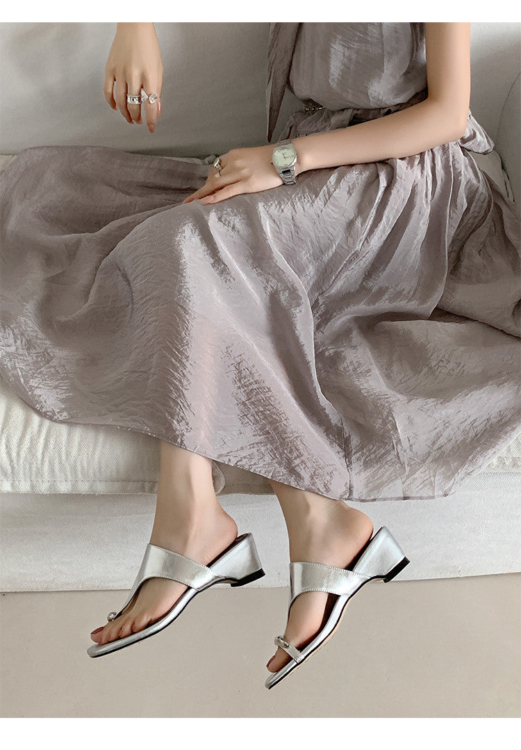 Karin Luna In Stock Spot Goods Clip-toe Square Toe Metal Buckle Minimalist Slippers