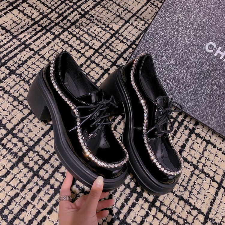 Karin Luna In Stock In Stock  Rhinestone Shoe Edge Trim Lace-up Thick Sole Loafers Best-selling in stock