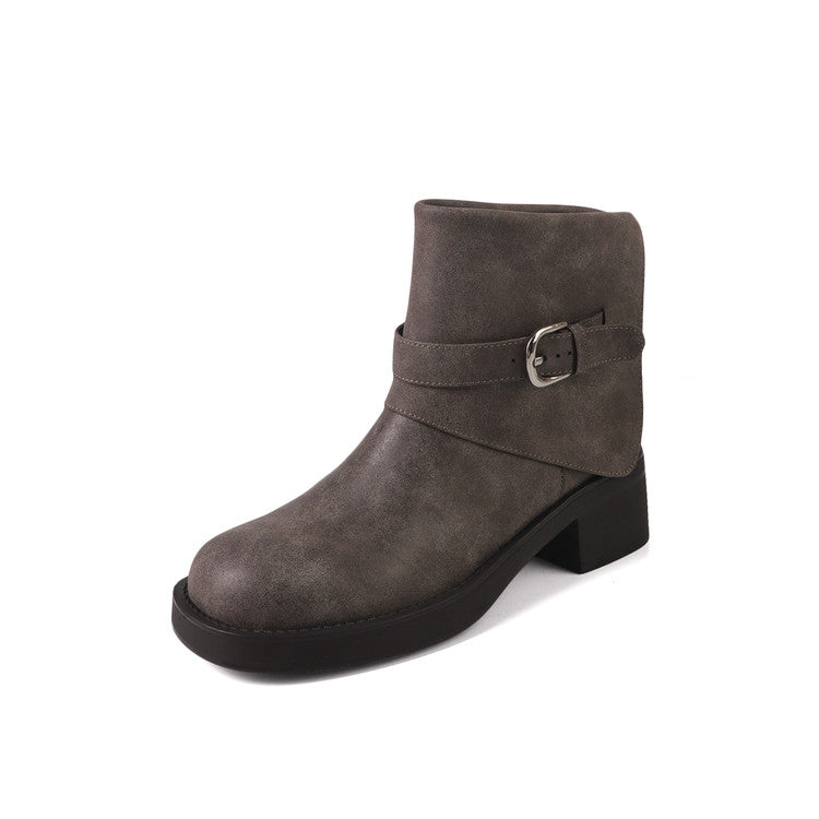 Karin Luna In Stock Spot Goods Versatile Basic Round Toe Belt Buckle Thick Sole Tube Boots