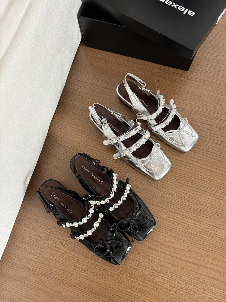 Karin Luna In Stock In Stock  Square Toe Bowknot Pearl Strap Closed-Toe Sandals