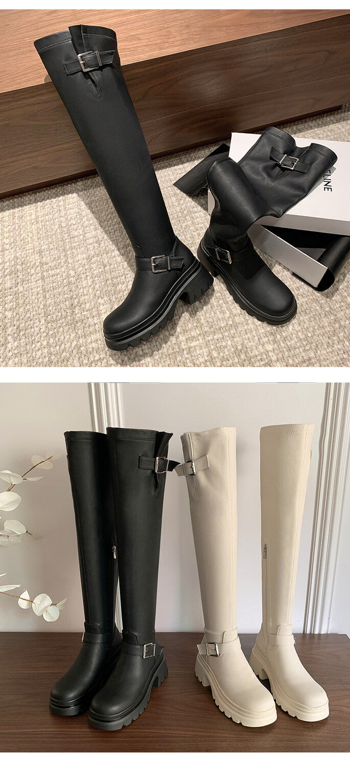 Karin Luna In Stock   Thick Sole Round Toe Basic Versatile Casual Long Boots