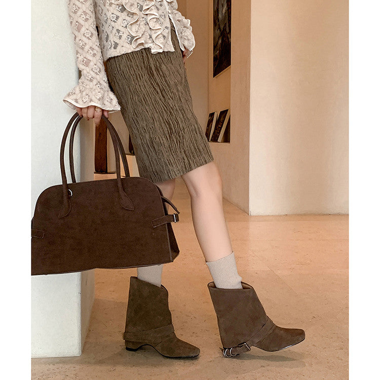 Karin Luna Data Hot Item Square Toe Hidden Wedge Belt Buckle Suede Ankle Boots