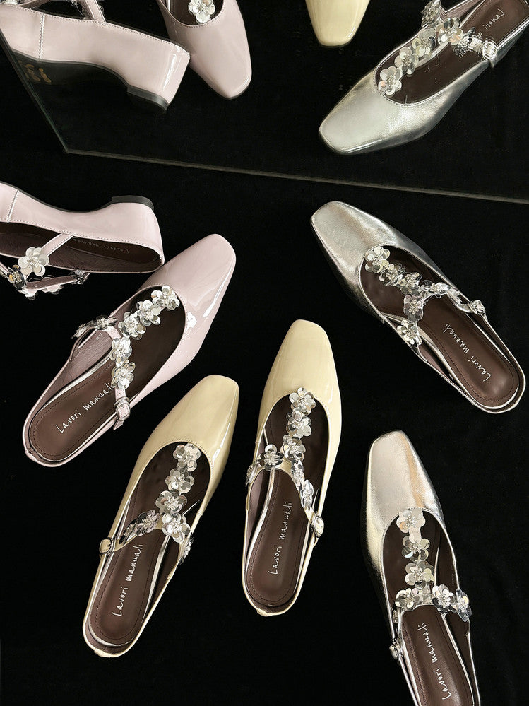 Karin Luna In Stock Spot Goods  T Handmade Sequin Flower Square Toe Height-Increasing Closed-Toe Slippers