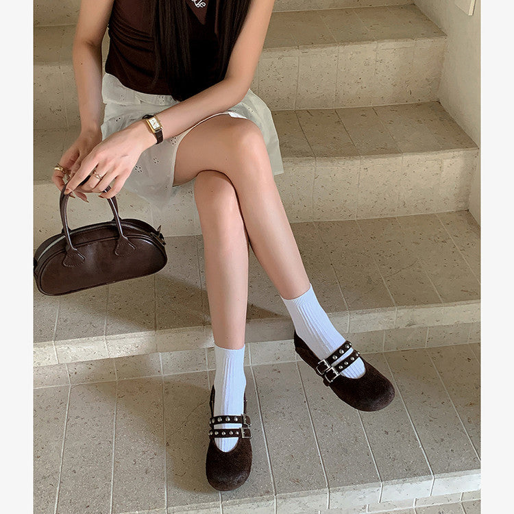 Karin Luna Hot Item Hot Item Punk Style One-Strap Round-Toe Suede Leather Height-Increasing Flats