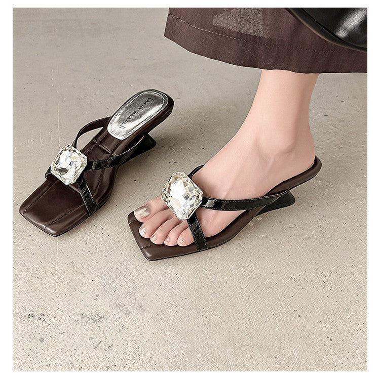 Karin Luna In Stock Spot Goods Rhinestone Square Toe Irregular Heel Slippers