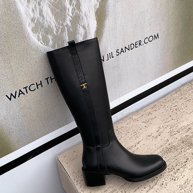 Karin Luna In Stock Spot Goods Basic Retro Square Toe Chunky Heel Riding Boots