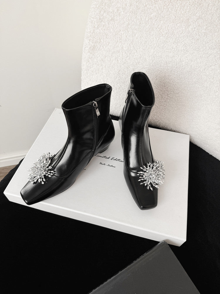 Karin Luna Elegant Style Square Toe Flower Design Height Increasing Short Boots with Two Front and Back Options