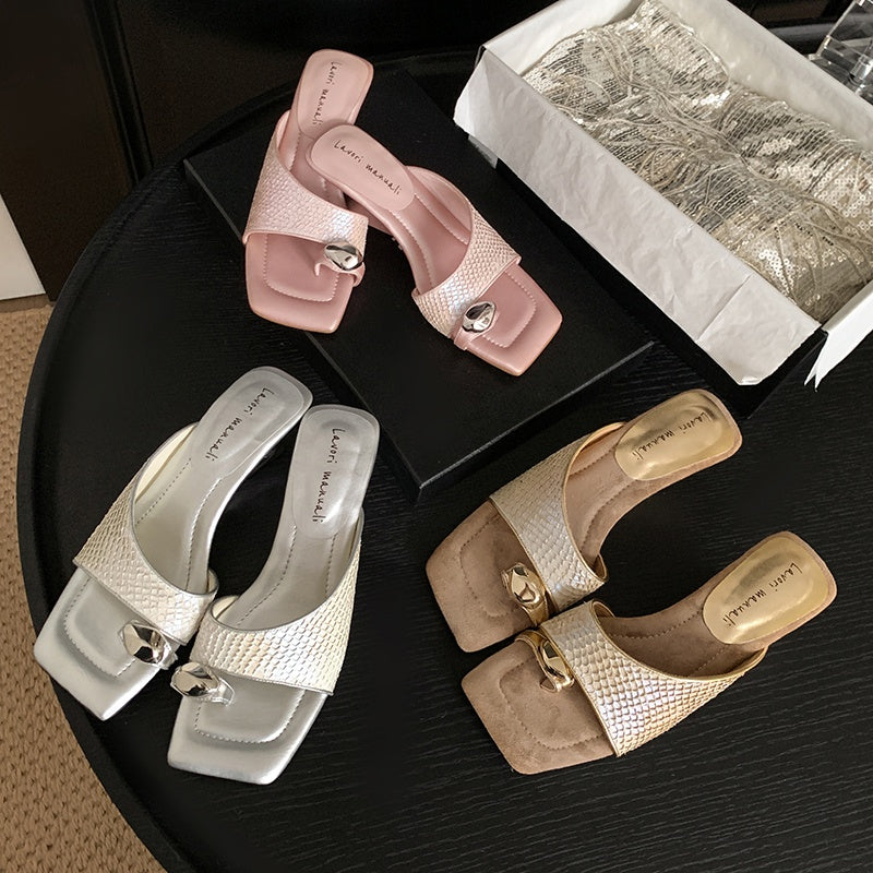 Karin Luna Fish Skin Series~Minimalist Square Toe Popular Irregular Heel Slippers