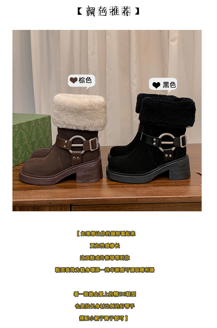 Karin Luna Genuine Lamb Wool and Cowhide Leather Hot-selling Metal Buckle Round Toe Chunky Heel Main Push Main Push