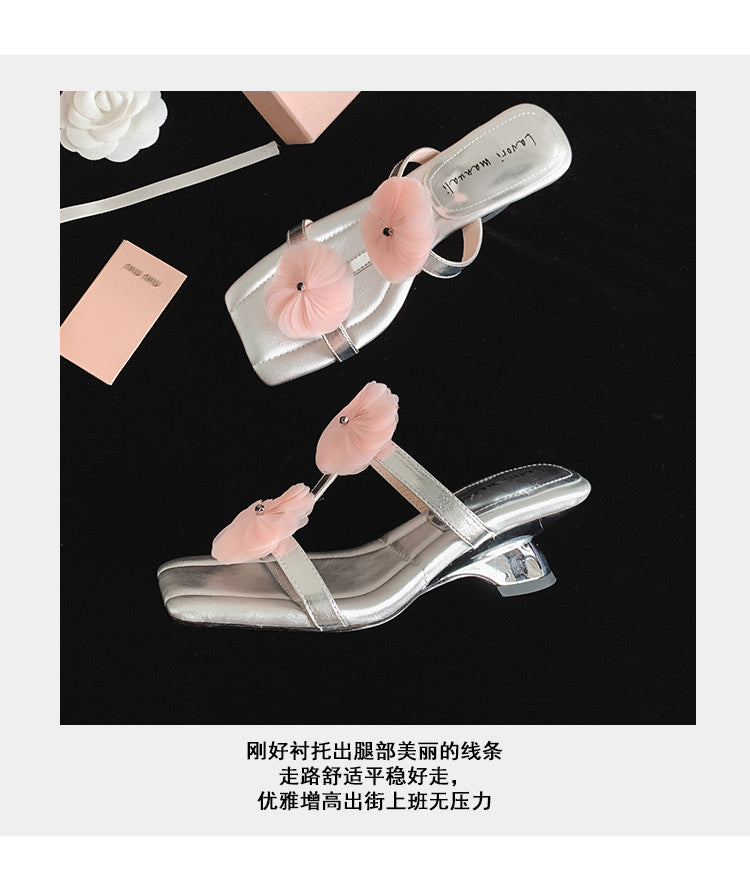 Karin Luna Hot-Selling Floral Square Toe Irregular Heel Floral Slippers
