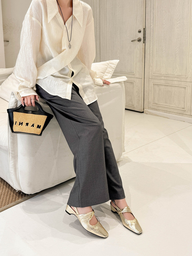 Karin Luna In Stock  Spot Goods Small Square Toe Wrinkled Chunky Heel Closed-Toe Sandals