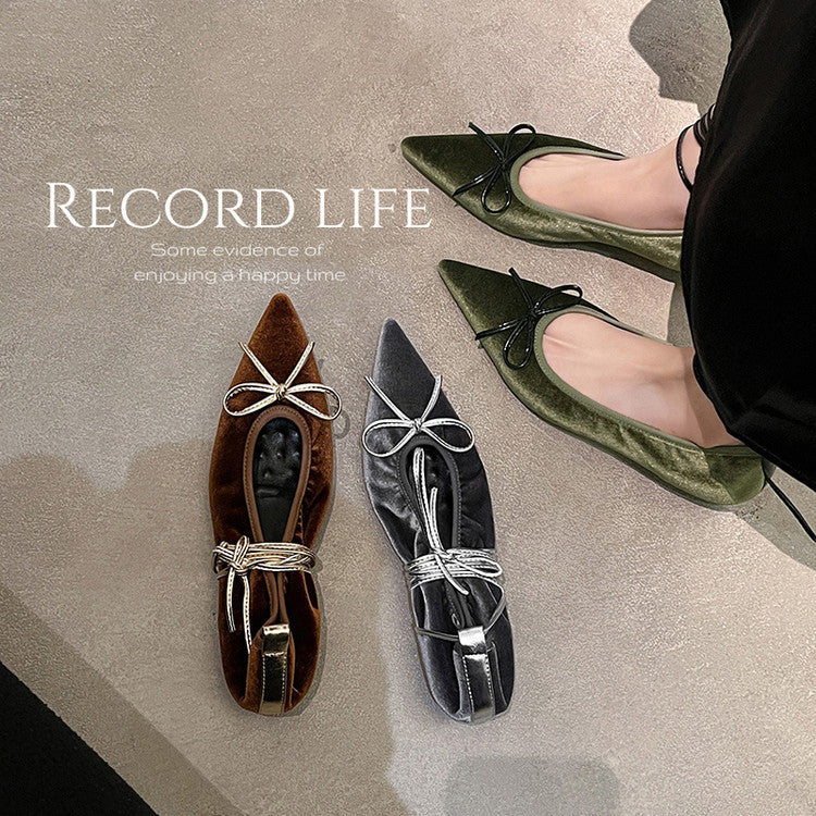 Karin Luna In Stock In Stock Retro Velvet Pointed Toe Bowknot Single Shoes