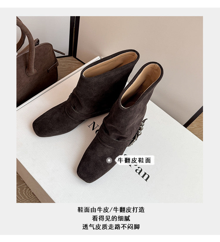 Karin Luna Data Hot Item Square Toe Hidden Wedge Belt Buckle Suede Ankle Boots
