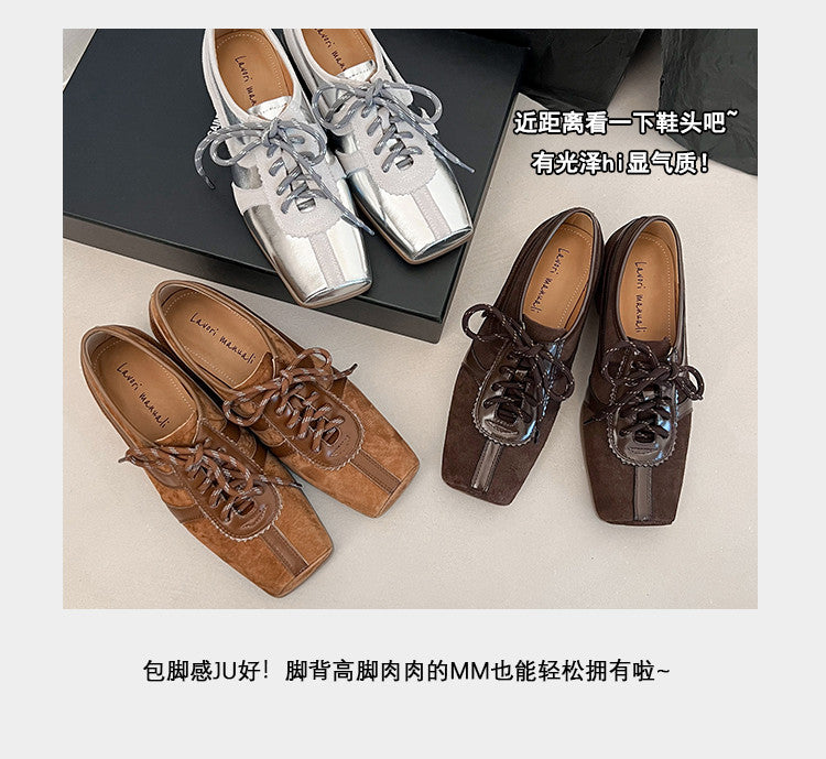 Karin Luna In Stock Spot Goods   Pig Nose Thin Strap Square Toe Patchwork Single Shoes