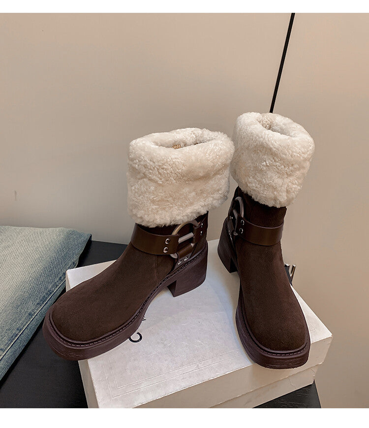 Karin Luna Genuine Lamb Wool and Cowhide Leather Hot-selling Metal Buckle Round Toe Chunky Heel Main Push Main Push