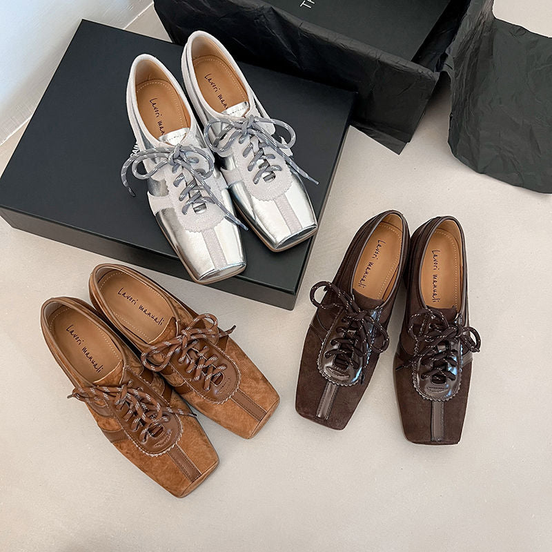 Karin Luna In Stock Spot Goods   Pig Nose Thin Strap Square Toe Patchwork Single Shoes