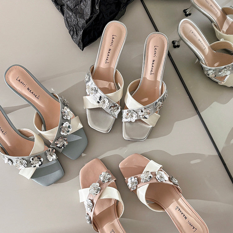 Karin Luna In Stock Spot Goods  Sequin Floral Cross Strap Square Toe Stiletto Slippers
