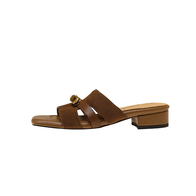 Karin Luna Comfortable Gold Buckle Square Toe Chunky Heel Casual Style Slippers