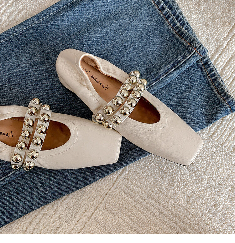 Karin Luna In Stock Spot Goods  Pig Nose Metal Strap Super Soft Granny Full Leather Mary Jane Shoes