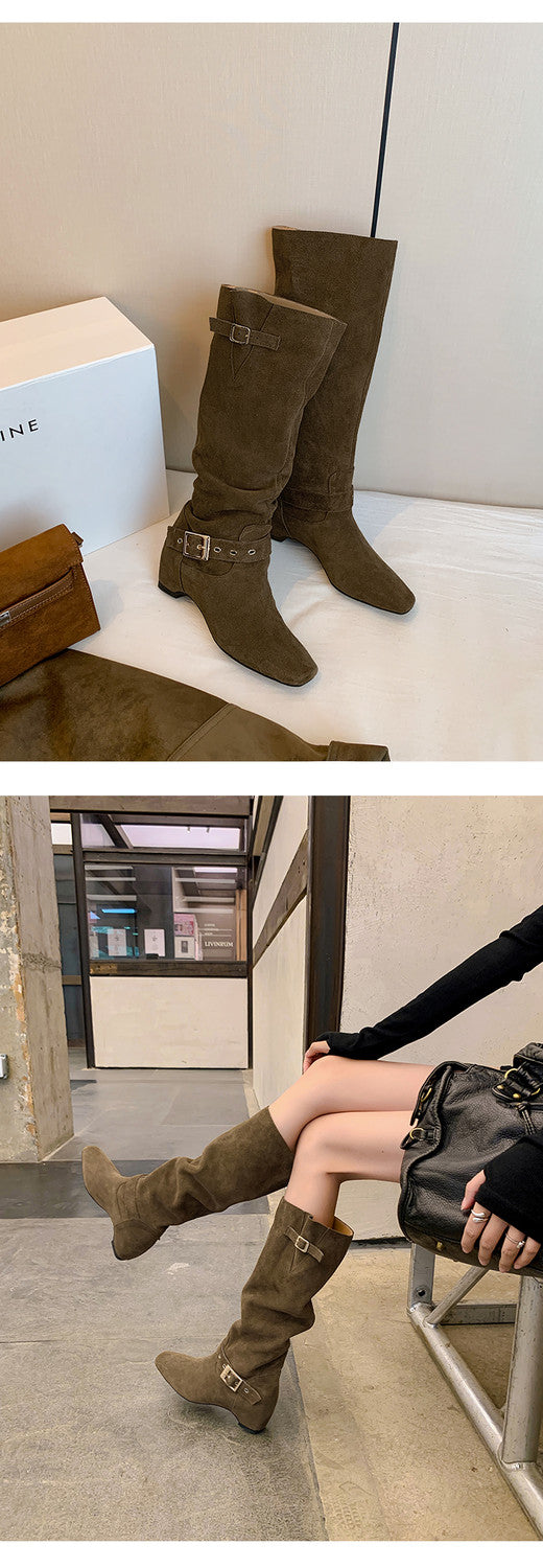 Karin Luna Data Model Belt Buckle Matte Square Toe Hidden Wedge Slouch Western Boots