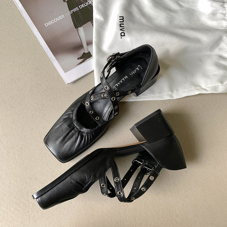 Karin Luna In Stock Spot Goods First Layer Sheepskin Cross Strap Rivet Square Toe Mary Jane Sandals