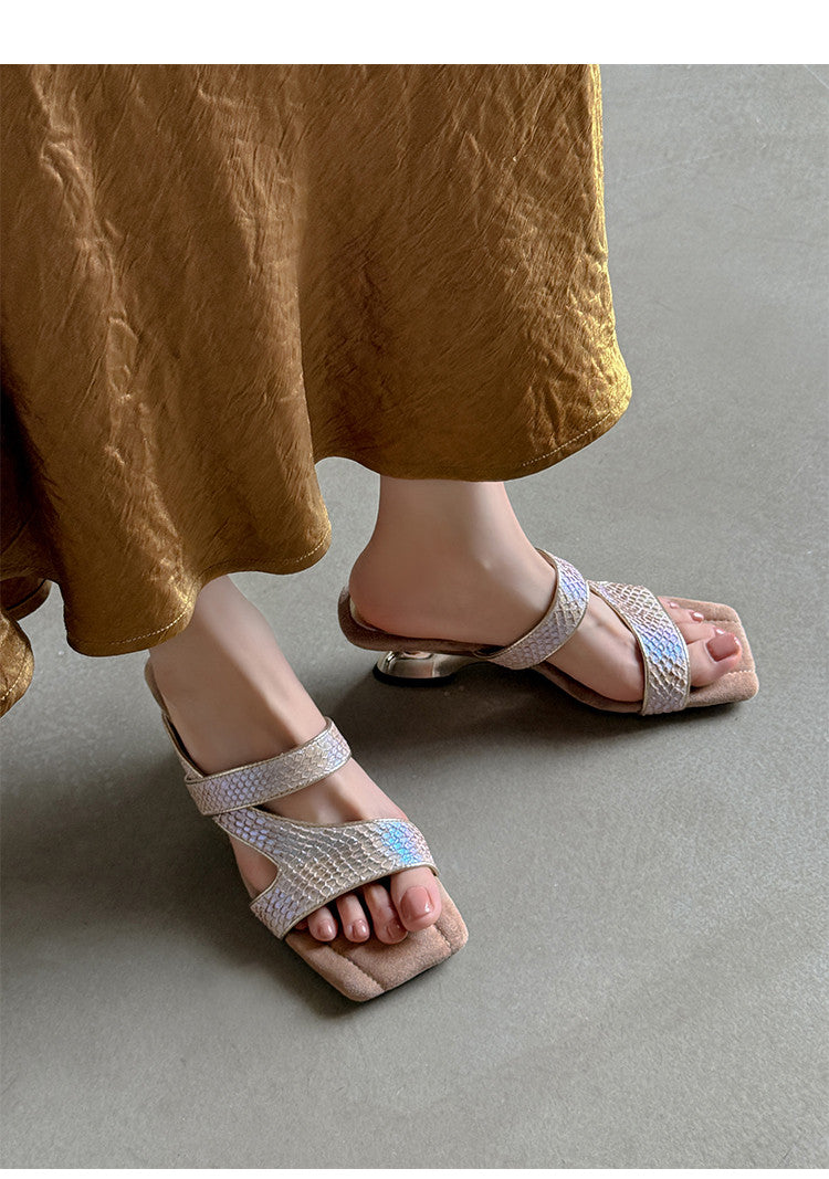 Karin Luna Fish Skin Series~Minimalist Square Toe Popular Irregular Heel Slippers