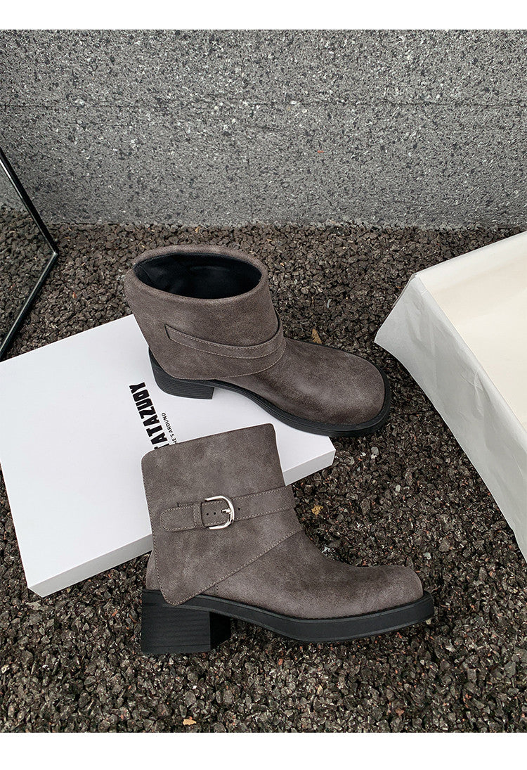 Karin Luna In Stock Spot Goods Versatile Basic Round Toe Belt Buckle Thick Sole Tube Boots