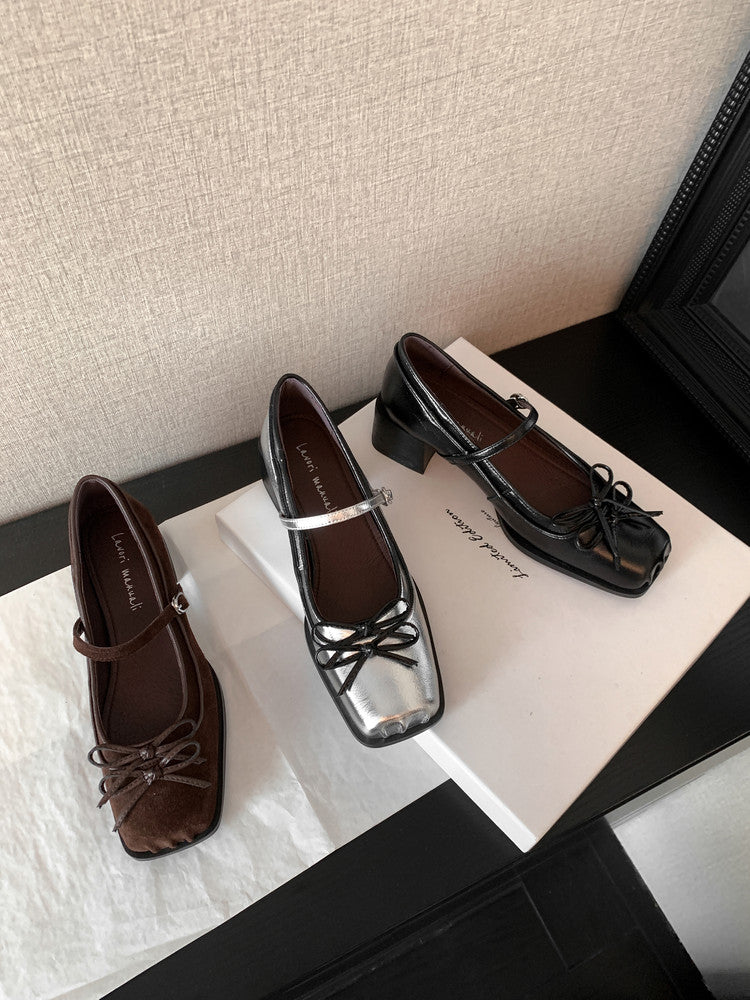 Karin Luna In Stock Spot Goods   One-strap Bowknot Square Toe Chunky Heel Mary Jane Shoes