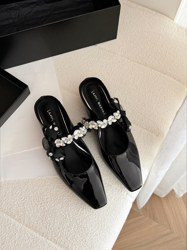 Karin Luna Handmade One-Strap Rhinestone Ribbon Square-Toe Mules