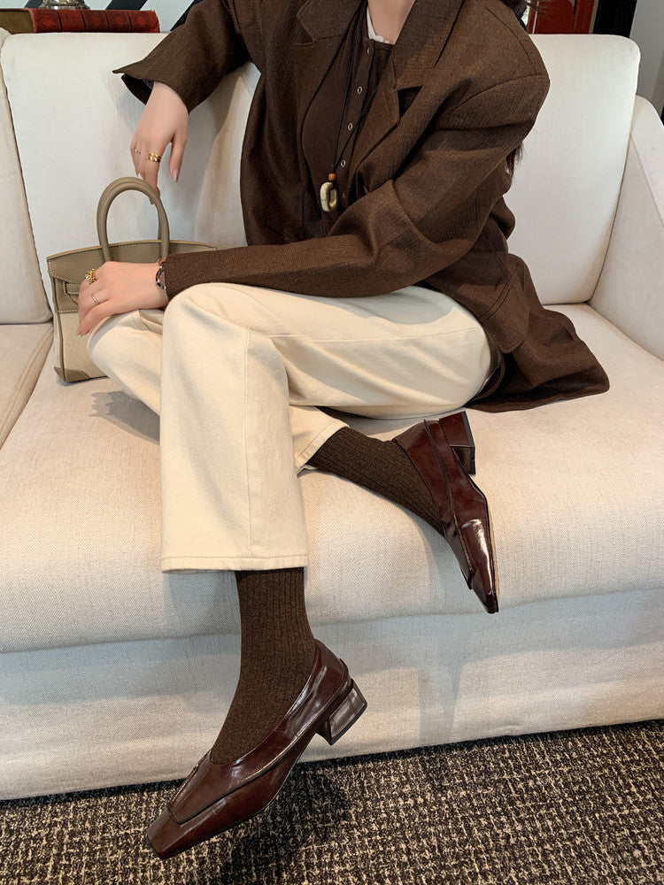 Karin Luna In Stock Spot Goods  Retro Full Leather Square Toe Shallow Mouth Single Shoes