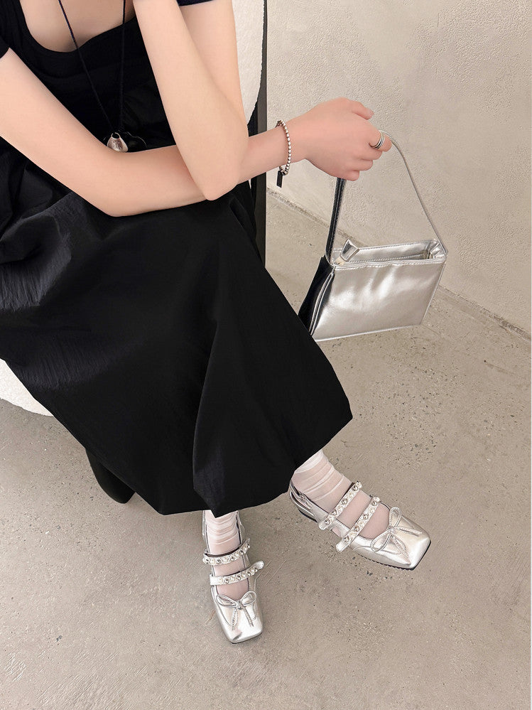 Karin Luna In Stock In Stock  Square Toe Bowknot Pearl Strap Closed-Toe Sandals