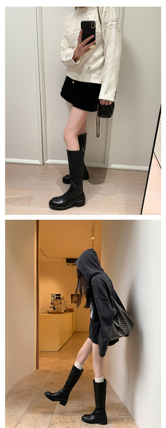 Karin Luna Basic Versatile Style Round Toe Chunky Heel Long Boots