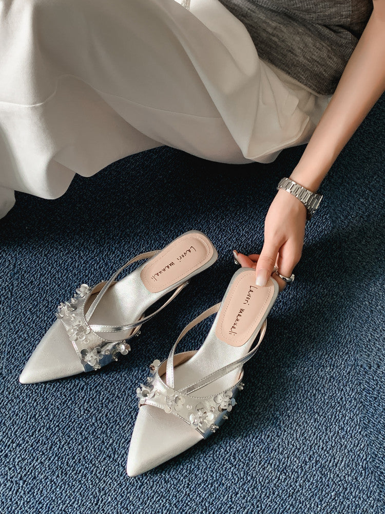 Karin Luna Bestseller Sequin Elements Elegant Pointed Toe Irregular Heel Slippers