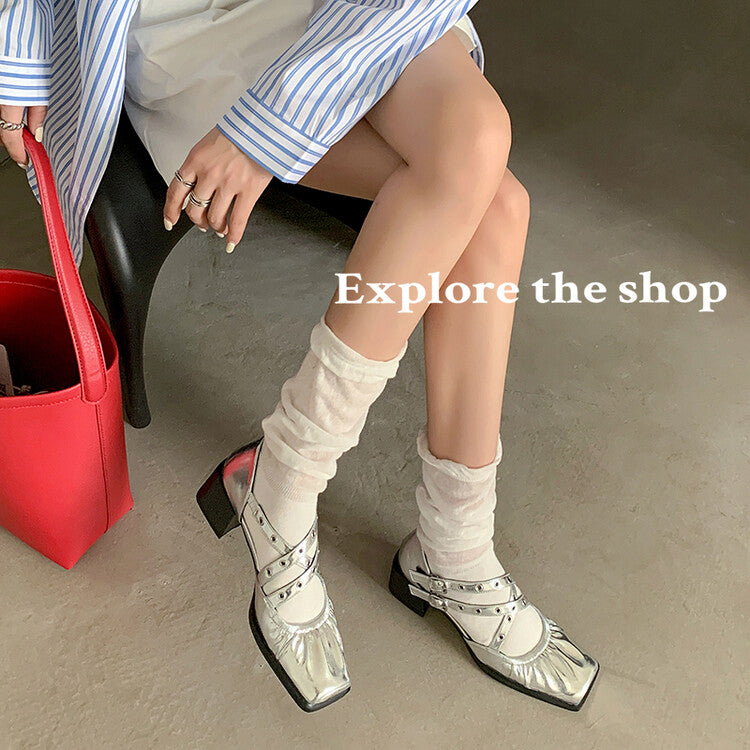 Karin Luna In Stock Spot Goods First Layer Sheepskin Cross Strap Rivet Square Toe Mary Jane Sandals