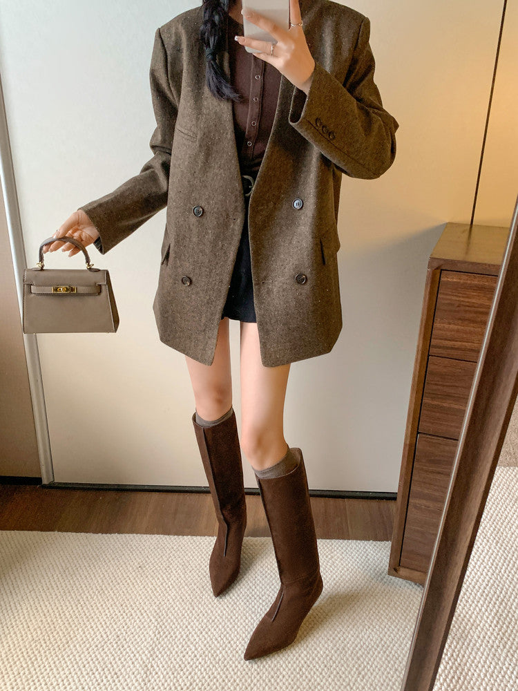 Karin Luna In Stock Spot Goods Retro Cowhide Pointed Toe Stiletto Elegant Long Boots