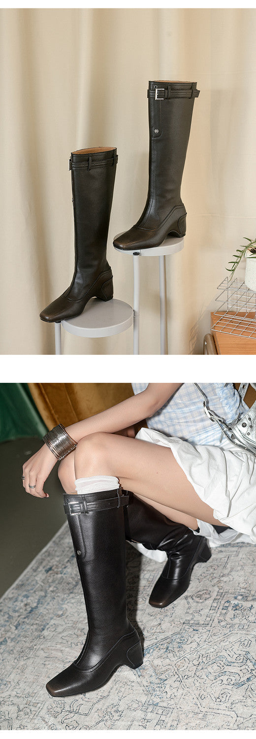 Karin Luna Belt Buckle Elegant Chunky Heel Suede Western Boots