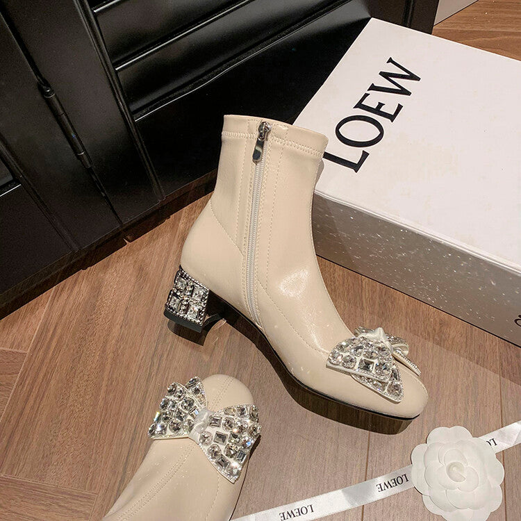 Karin Luna In Stock   Rhinestone Bow Thick Heel Slim Boots