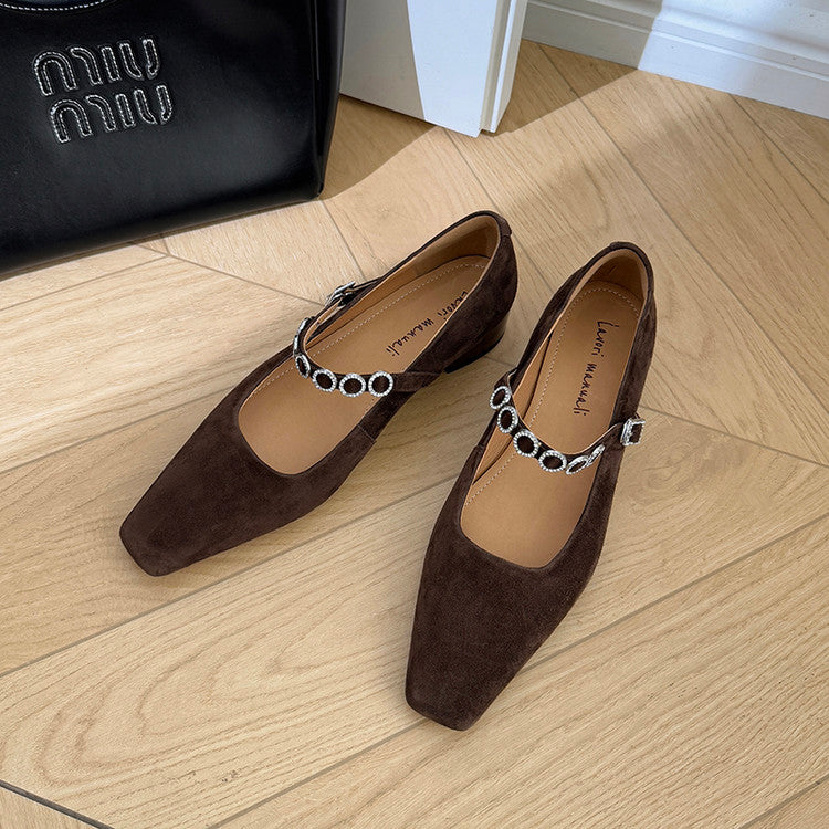 Karin Luna In Stock Spot Goods  Vintage Full Leather Square Toe Rhinestone Strap Shallow Mouth Single Shoes