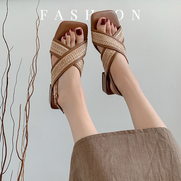 Karin Luna In Stock  Spot Goods Woven Style  Cross-strap Vacation Style Flat Sandals