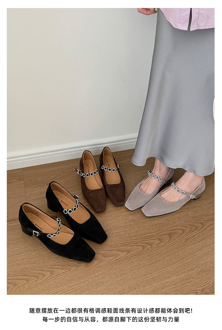 Karin Luna In Stock Spot Goods  Vintage Full Leather Square Toe Rhinestone Strap Shallow Mouth Single Shoes