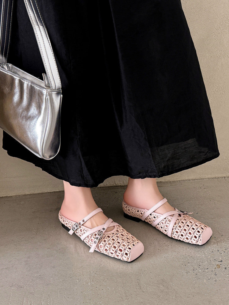 Karin Luna In Stock Spot Goods  Hot-Selling Square-Toe Woven Pig Nose Closed-Toe Slippers