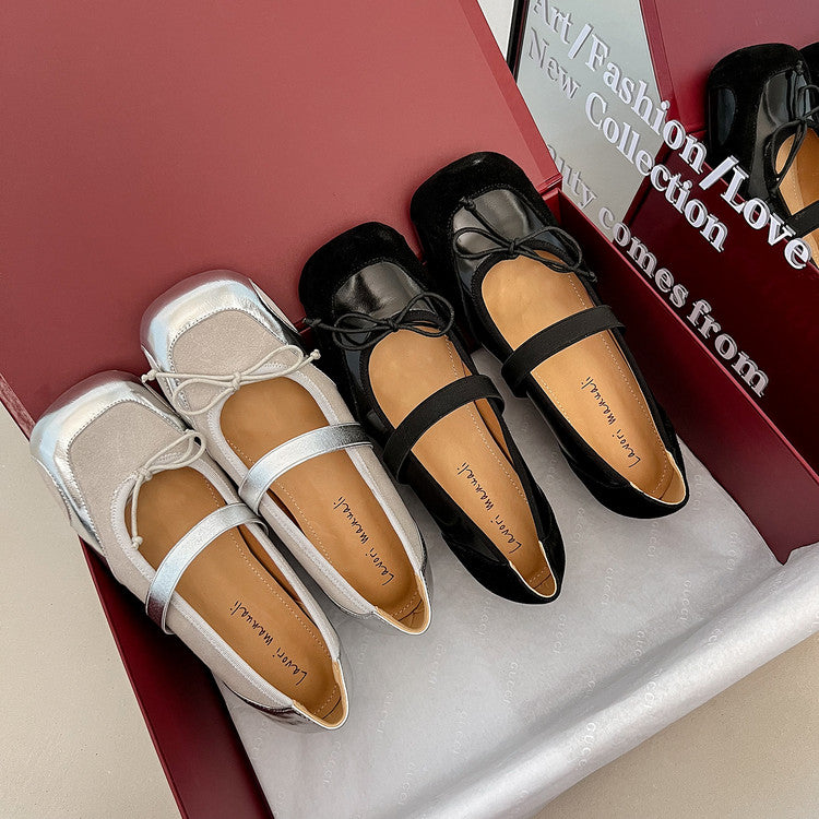 Karin Luna In Stock Spot Goods    Color Block Cowhide Leather Square Toe Slip-On Height Increasing Bowknot Flats