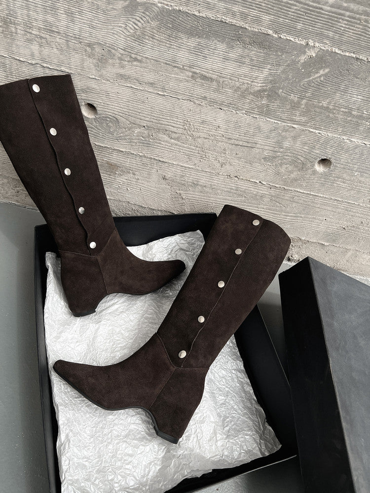 Karin Luna Bestseller Hot-Selling Hidden Buckle Lazy Style Square-Toe Height-Increasing Suede Western Boots