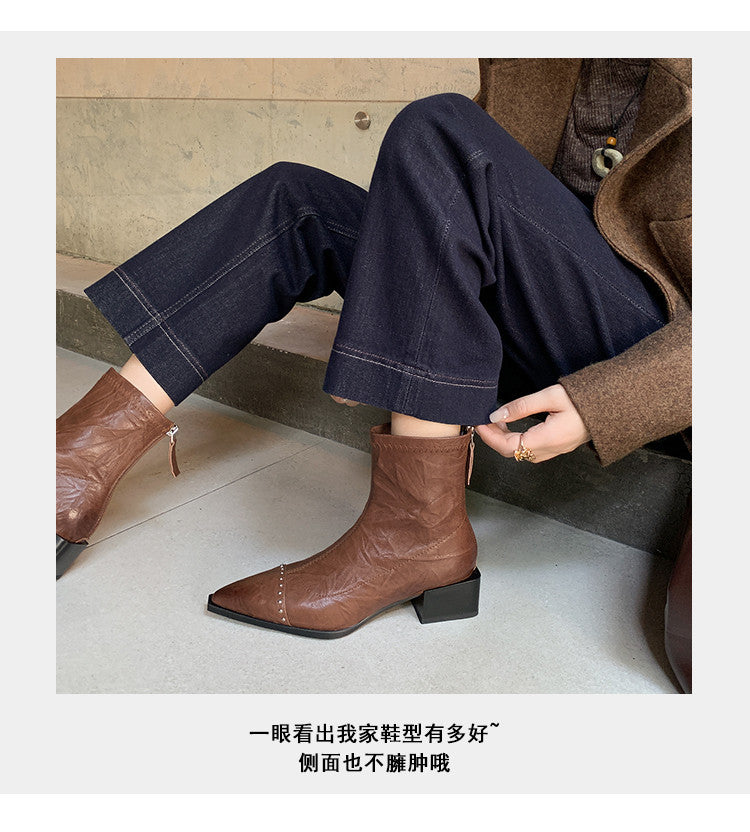 Karin Luna In Stock In Stock Slim Boots Series~Pointed Toe Rivet Slim Short Boots