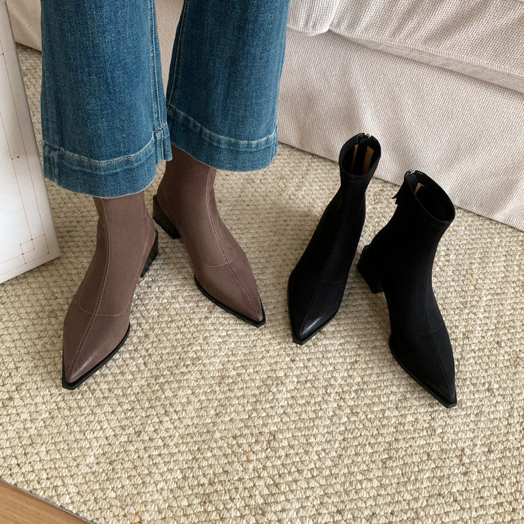 Karin Luna In Stock In Stock Elastic Slim Pointed Toe Chunky Heel Basic Ankle Boots