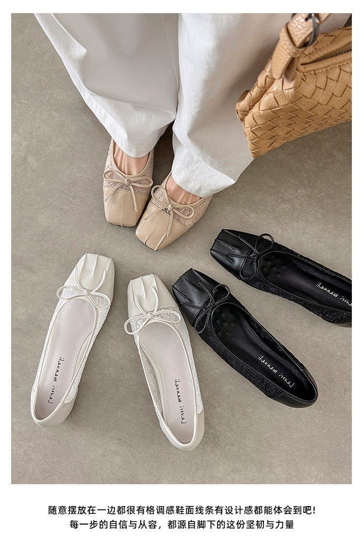 Karin Luna In Stock In Stock  Wrinkled Square Toe Patchwork Breathable Mesh Bow Granny Shoes