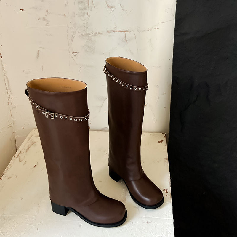 Karin Luna In Stock Spot Goods Belt Buckle Color-Washed Casual Thick-Soled Bootcut Pants Boots