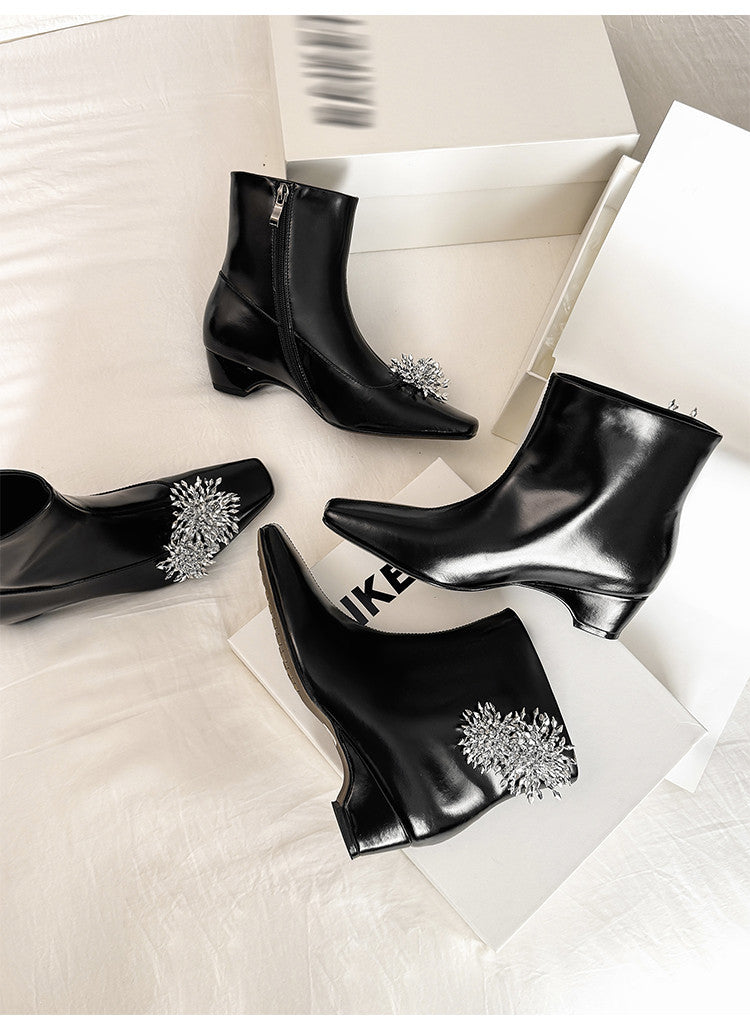 Karin Luna Elegant Style Square Toe Flower Design Height Increasing Short Boots with Two Front and Back Options