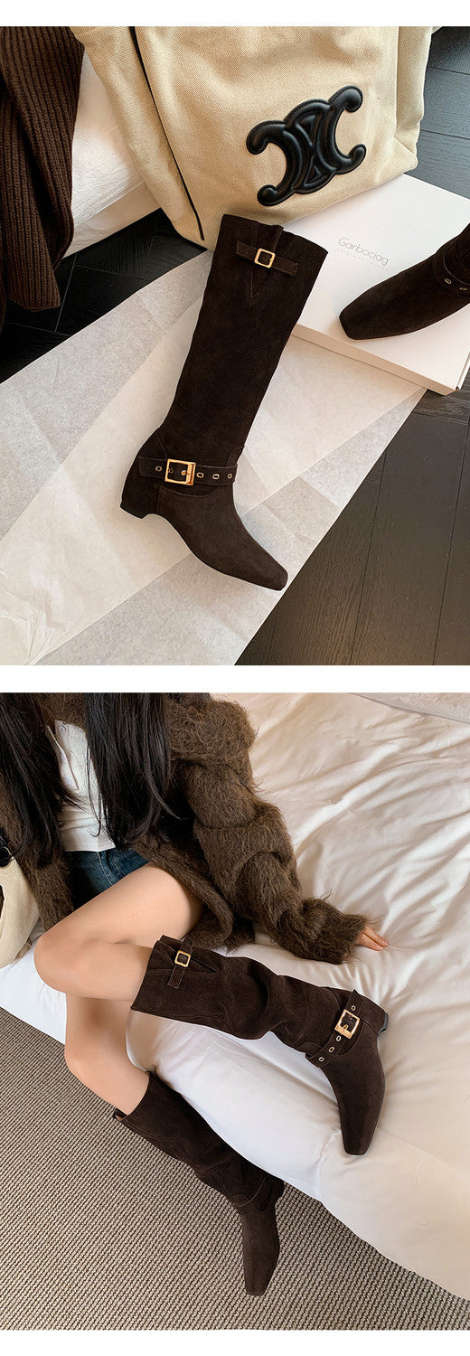 Karin Luna Data Model Belt Buckle Matte Square Toe Hidden Wedge Slouch Western Boots